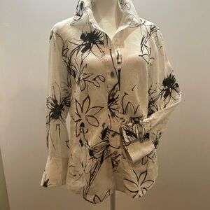 Carlisle 100% Linen White& Chocolate Artisan Floral Blouse Fitted NWOT